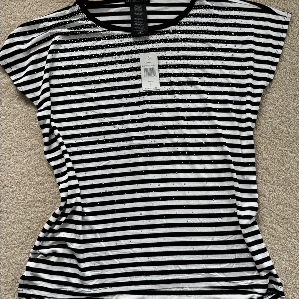 Women Design History Black & White Striped Short Sleeve Top w/Rhinestone Detail